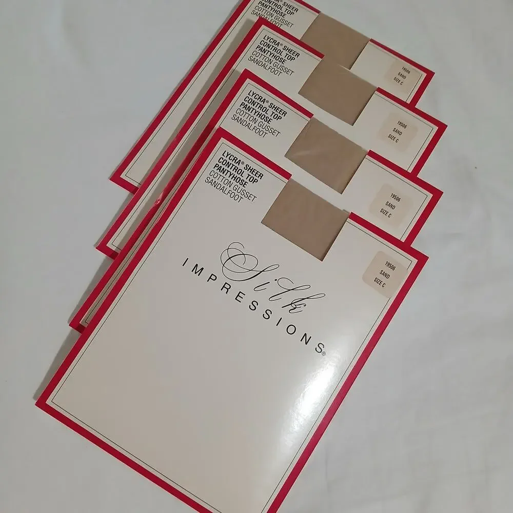 NEW 4 Pairs Silk Impressions Sand C Lycra Sheer Control Top Pantyhose Cotton